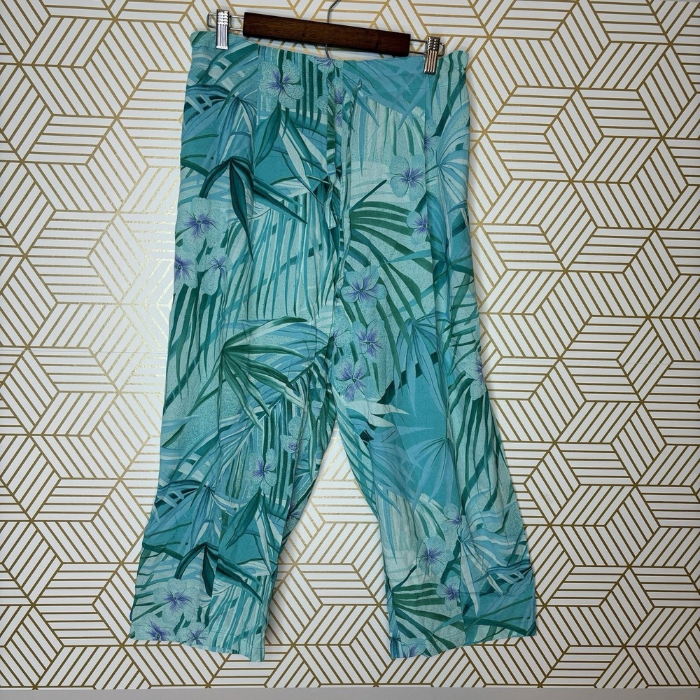 VTG Y2K Jams World Paradise Blue Teal Capri Floral Hawaiian Beach Pants L USA